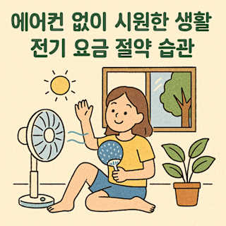 에어컨 없이 시원하게 생활하며 전기 요금 절약하는 습관을 표현한 일러스트 썸네일