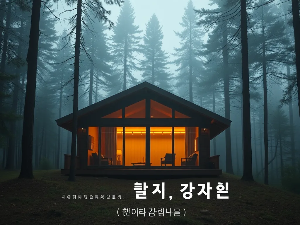 여행자가 숲속 오두막 창가에 앉아 커피를 마시며 풍경을 바라보는 실루엣