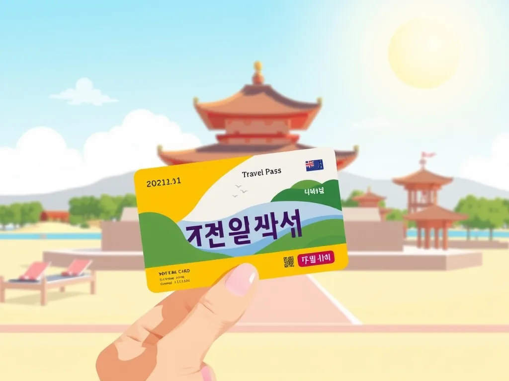 지역 여행 패스 카드를 든 사람, 배경에 사찰과 바다
