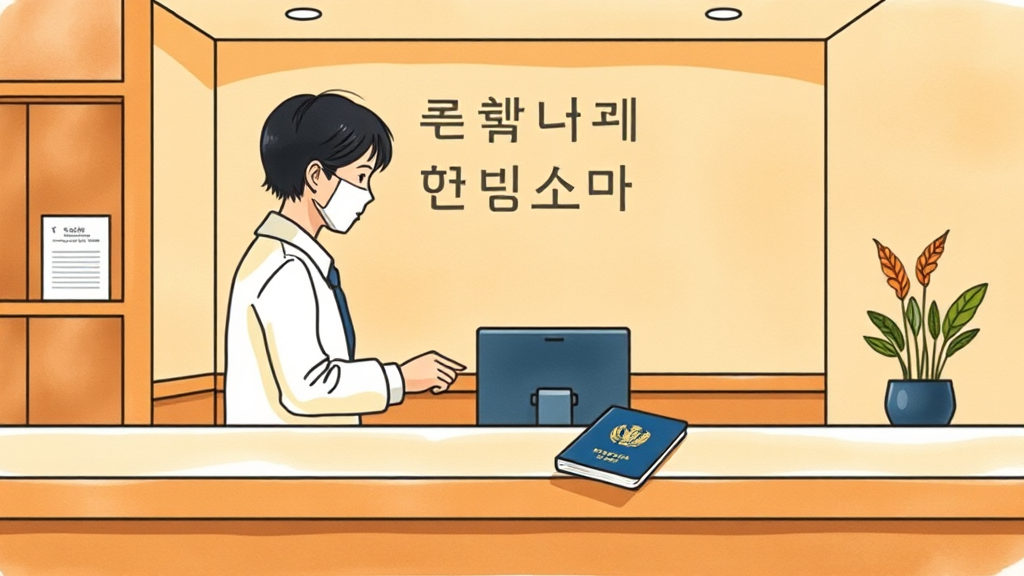 호텔 프런트 데스크 체크인 장면 일러스트