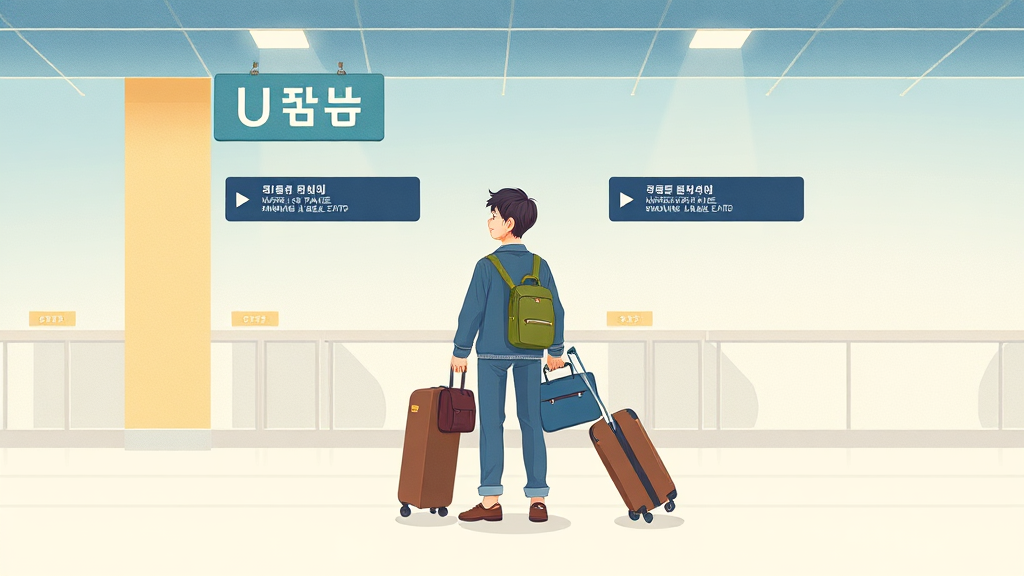 미국 공항 입국장에서 당황하는 여행자 일러스트