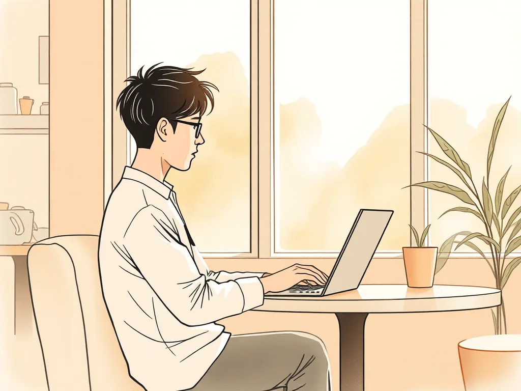 조용한 카페에서 노트북으로 작업하는 사람의 뒷모습, 따뜻한 오후 햇살