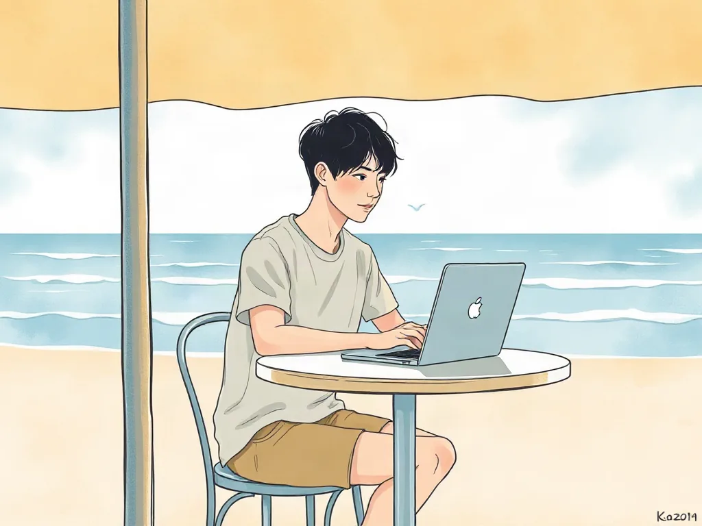 강릉 안목해변에서 노트북 작업하는 워케이션 모습