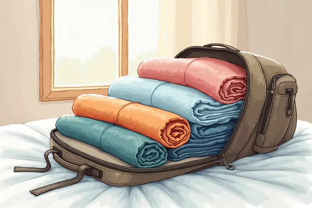 배낭 안에 깔끔하게 돌돌 만 옷과 접어 놓은 셔츠가 가득 담겨 있는 일러스트