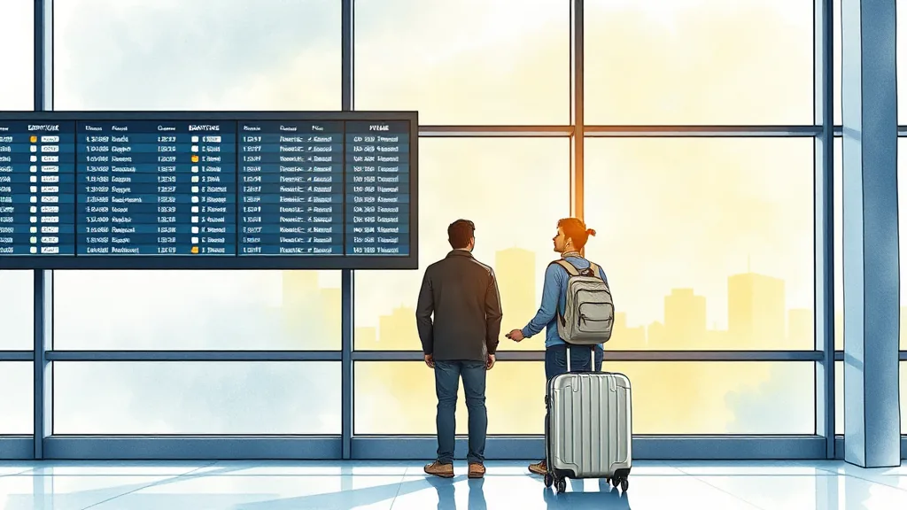공항 출발 시각 안내판 앞에서 일정을 확인하는 여행자