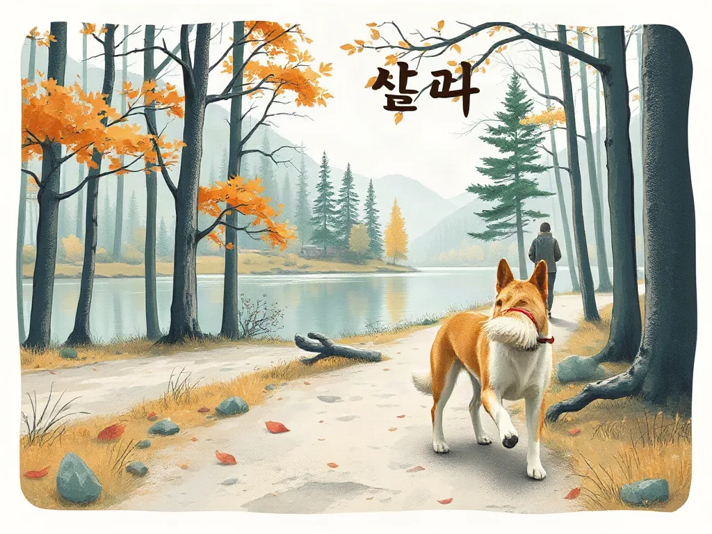 호수 옆 숲길을 걷는 반려견
