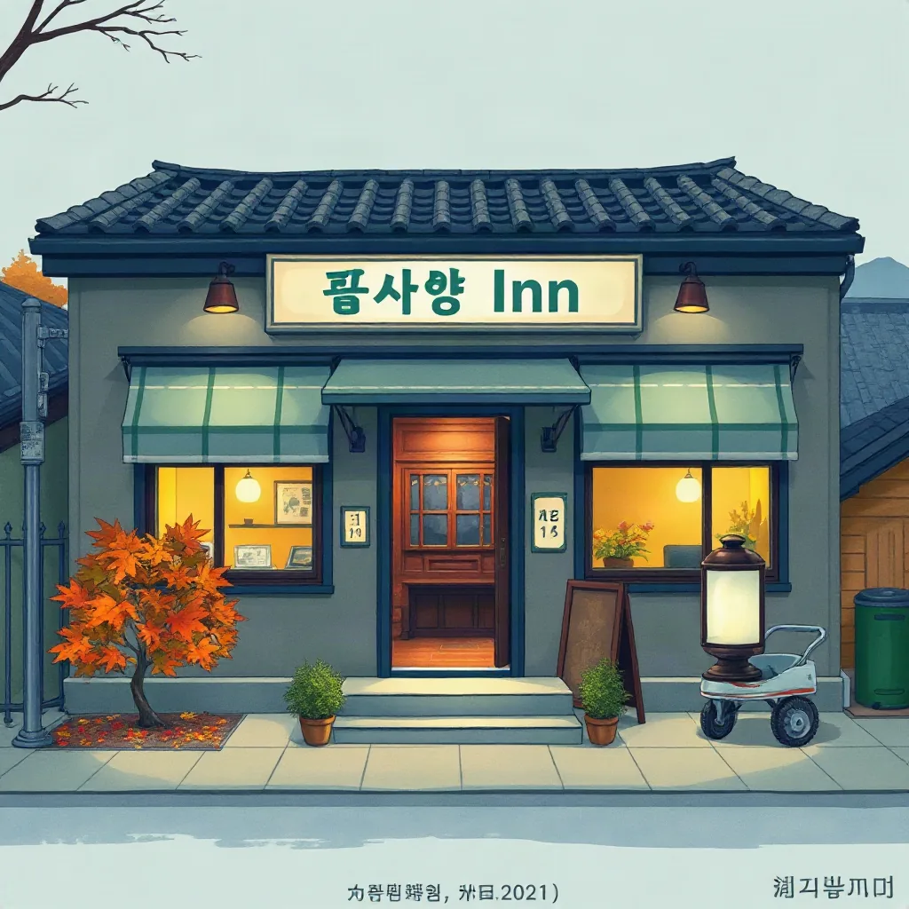 해질 무렵 따뜻한 불빛이 켜진 시골 숙소 외관과 짐 카트