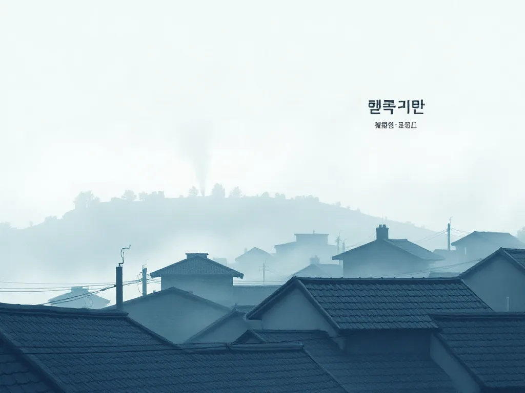 아침 안개에 잠긴 산비탈 마을의 지붕