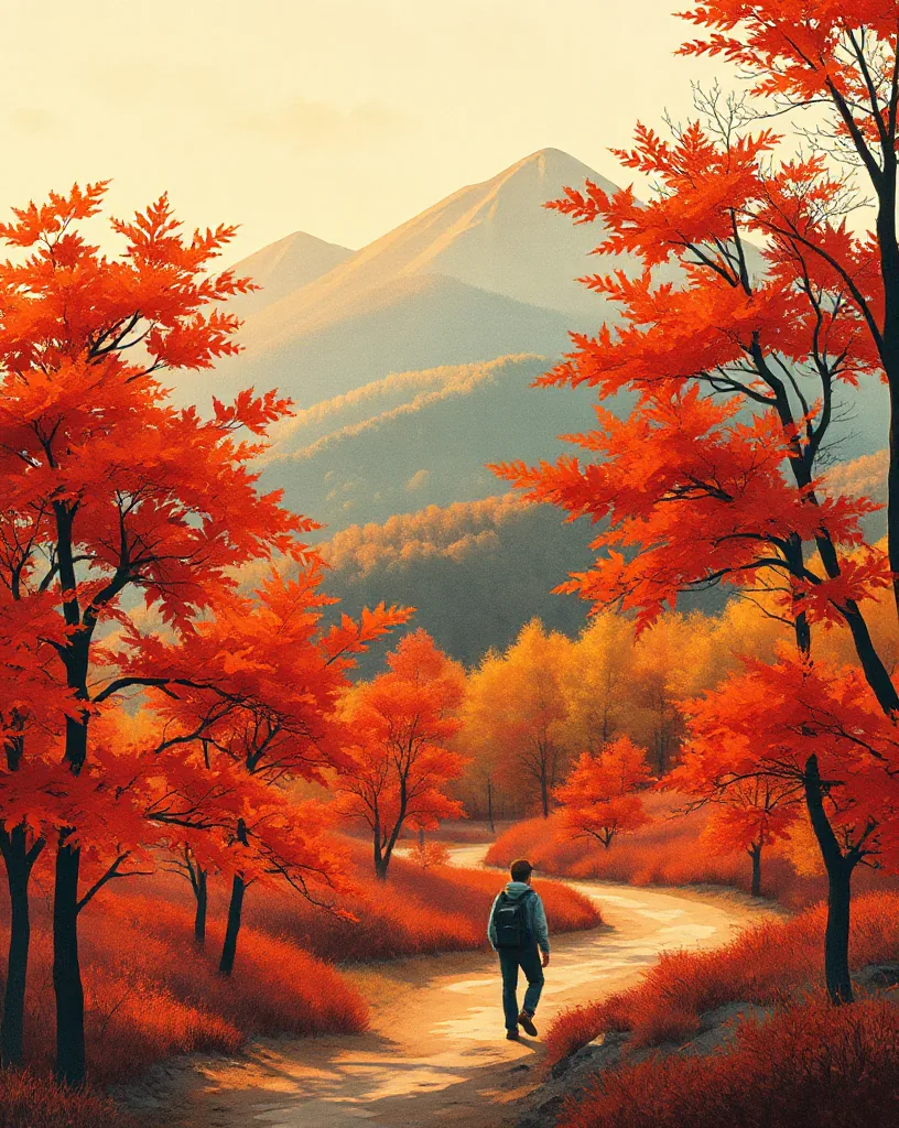 단풍으로 물든 산등성이를 걷는 여행자의 수채화 일러스트