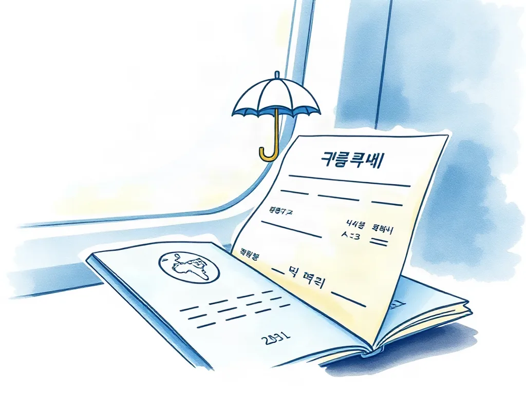 여권과 탑승권 위에 우산 모양 보호 심볼이 떠 있는 일러스트