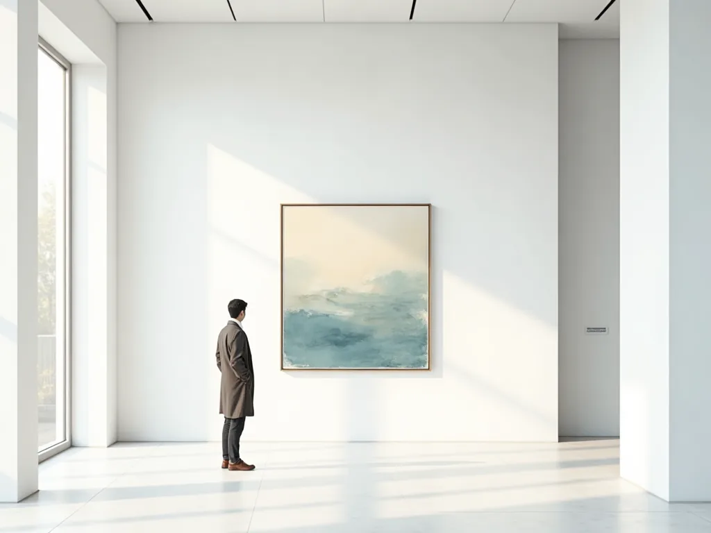 하얀 벽의 전시실 앞에 홀로 선 관람객의 모습