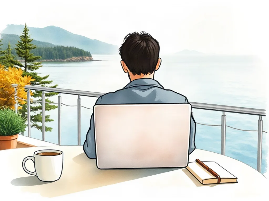 해변 테라스에서 워케이션 중인 모습 일러스트
