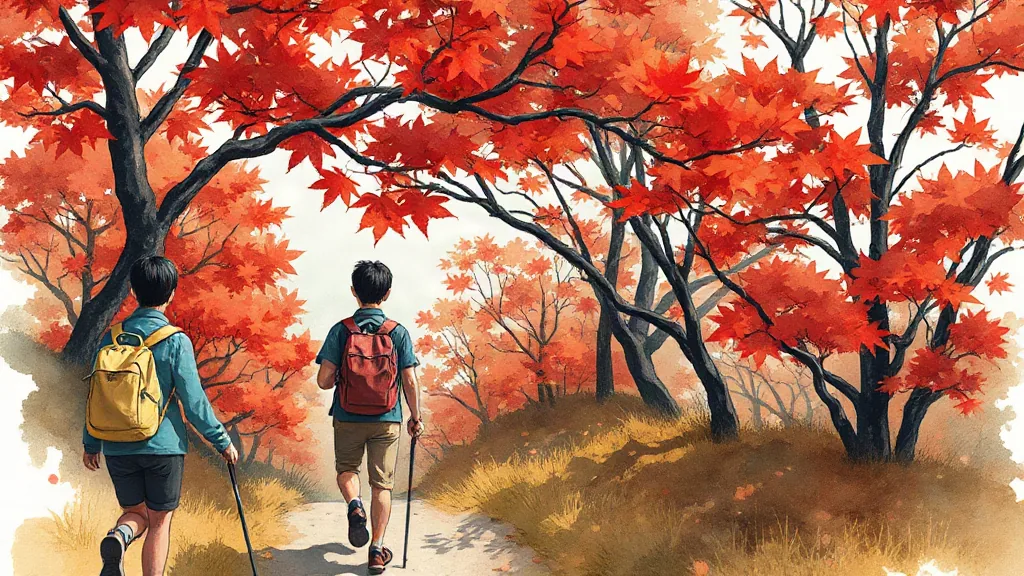 단풍 터널 아래 돌계단 산책로를 걷는 산악인들