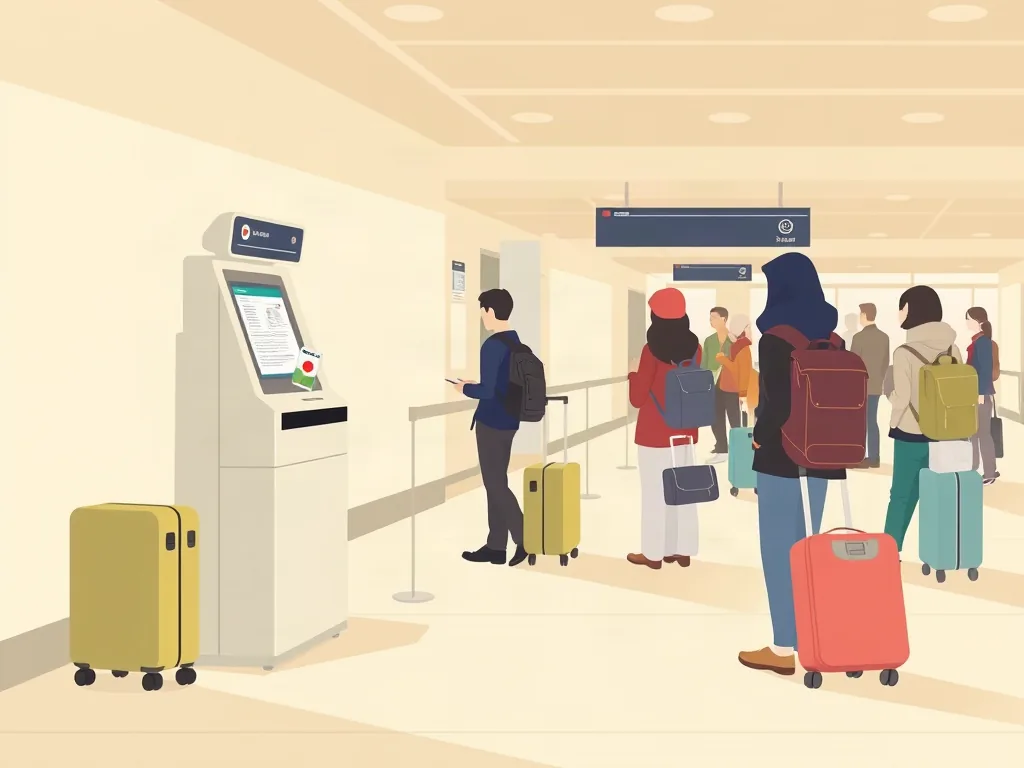 공항 키오스크와 여행자 대기열 일러스트