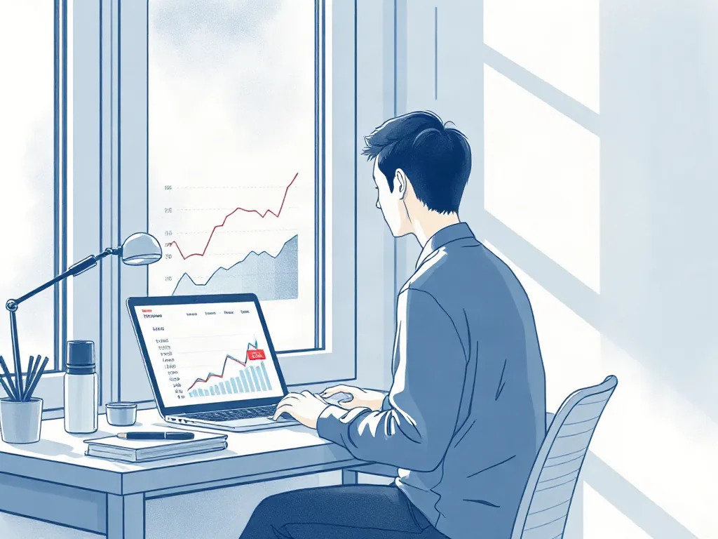 가격 그래프가 그려진 노트북 화면 앞에서 여행 일정을 계획하는 사람, 라인아트 수채화 일러스트
