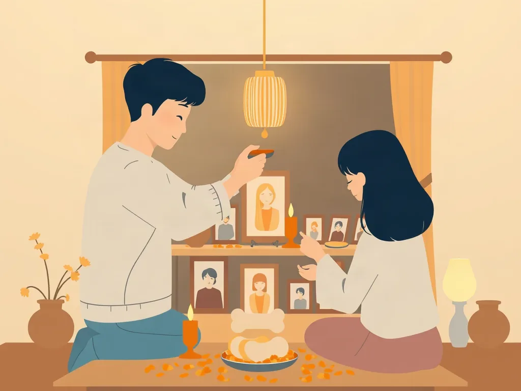 가족이 함께 제단을 꾸미는 일러스트