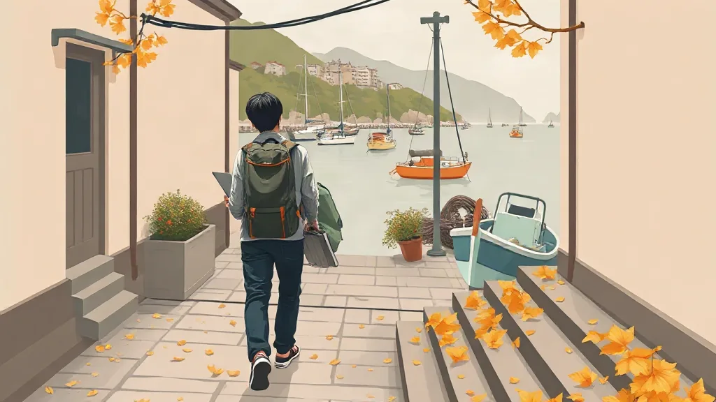 가을 해안 골목을 걷는 노트북 가방을 맨 여행자 일러스트