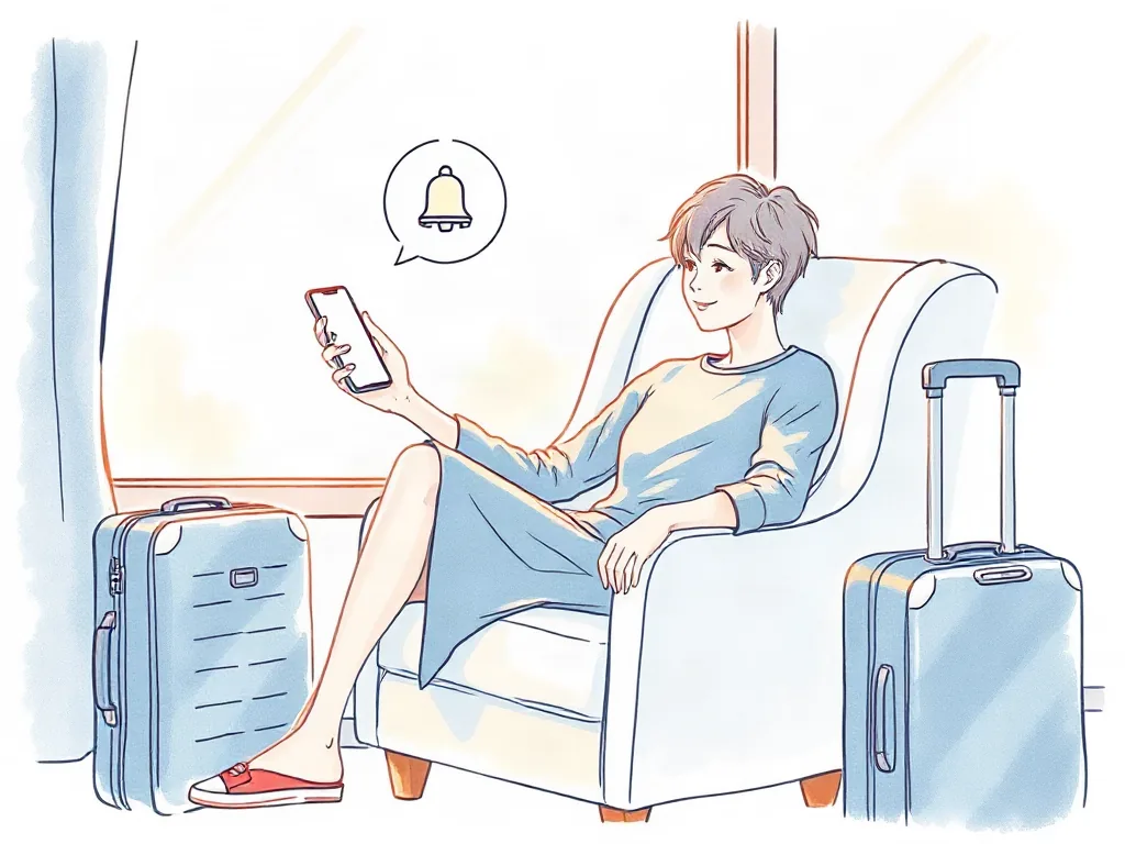 스마트폰 화면의 가격 알림을 확인하며 카페에서 예매를 고민하는 여행자, 라인아트 수채화 일러스트