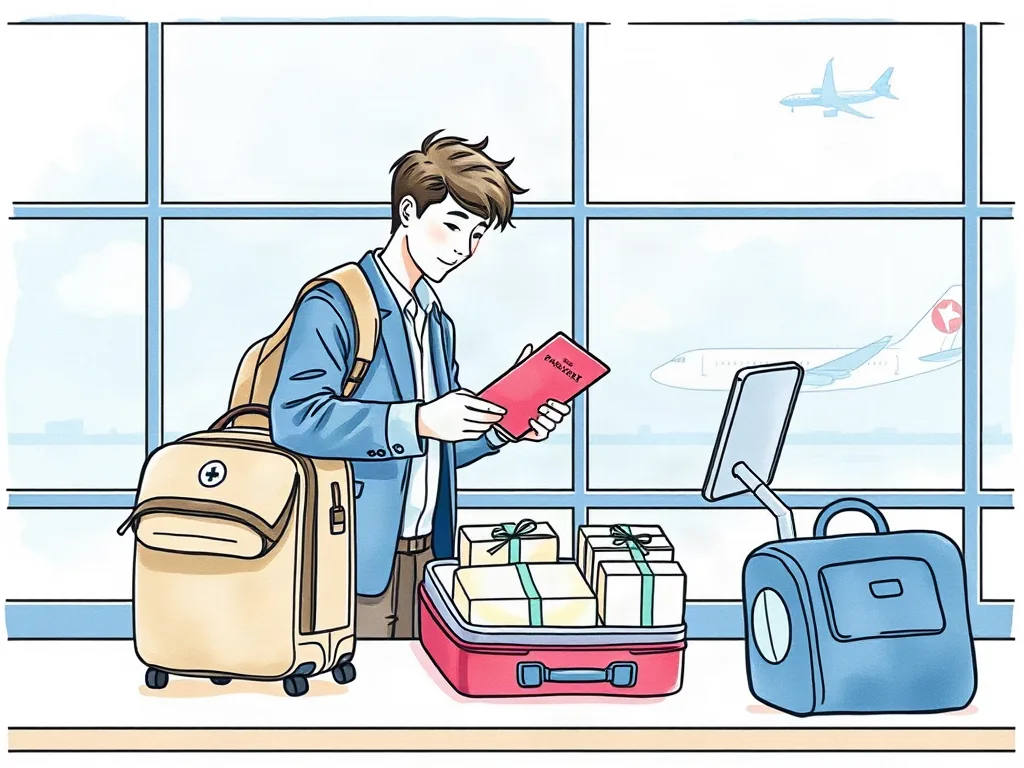 공항 세관에서 반출 확인을 받는 여행자 일러스트