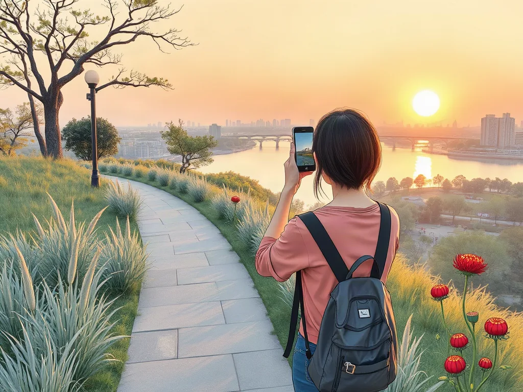 댑싸리와 억새 산책로의 저녁 풍경 일러스트