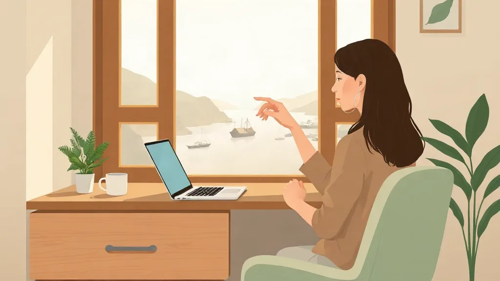 노트북으로 일하는 사람과 바다뷰 창가 책상 벡터 일러스트