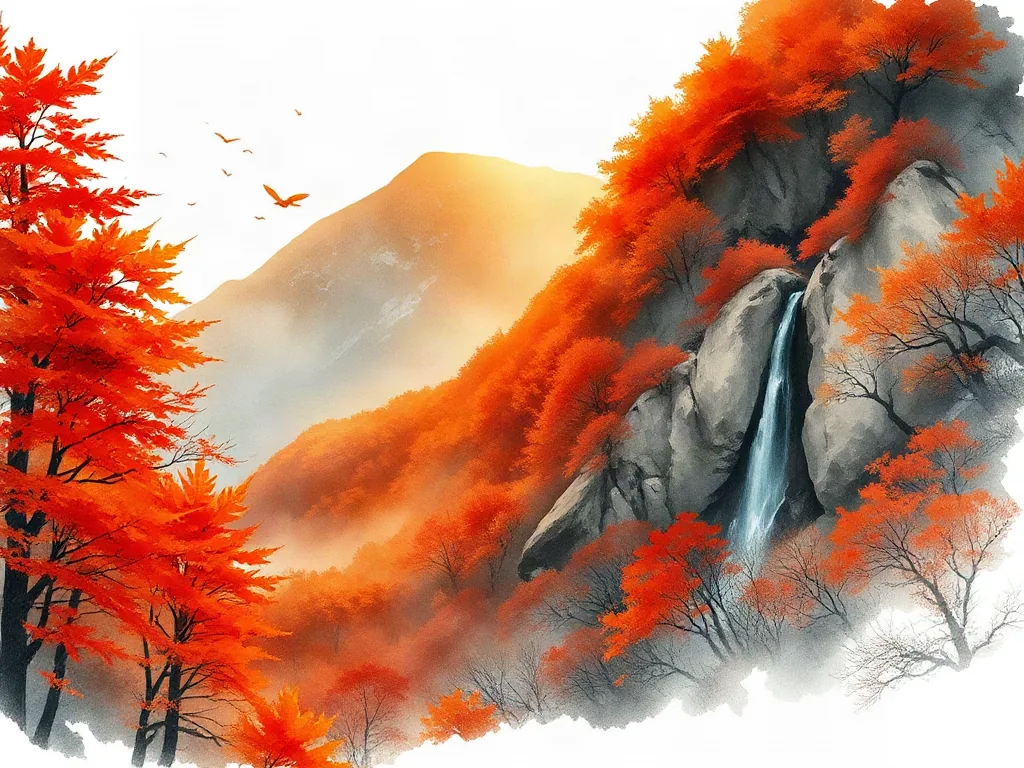 단풍 물든 산등성이와 폭포 일러스트